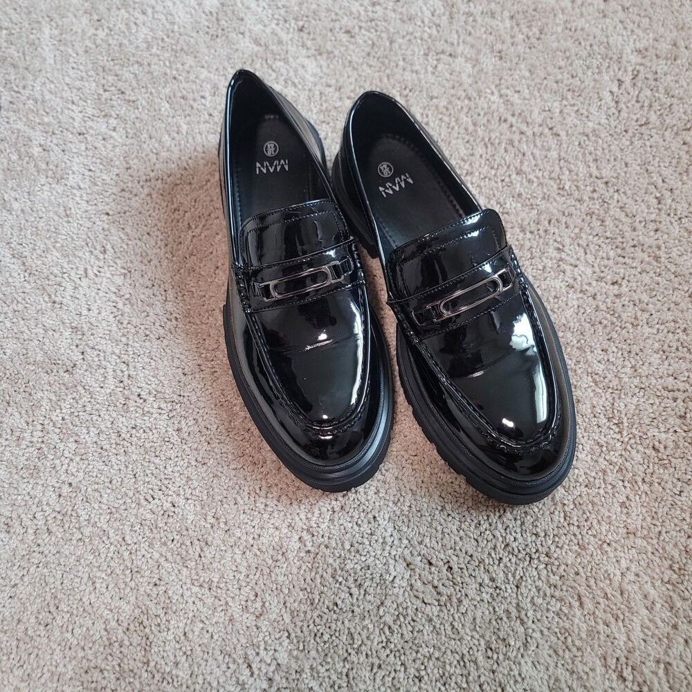 Chunky Black Shinny Loafers Summer Womens Size 11 US 44 EUR
